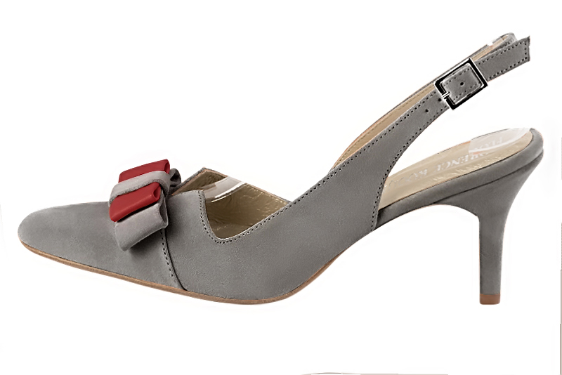 Dove grey women's open back shoes, with a knot. Tapered toe. High slim heel. Profile view - Florence KOOIJMAN